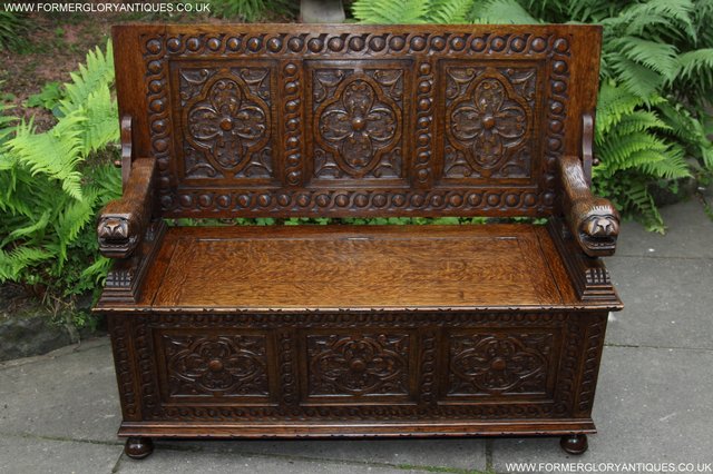 Image 49 of CARVED OAK MONKS BENCH ARMCHAIR HALL SEAT PEW TABLE SETTLE