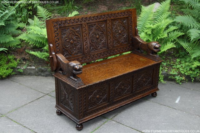Image 51 of CARVED OAK MONKS BENCH ARMCHAIR HALL SEAT PEW TABLE SETTLE
