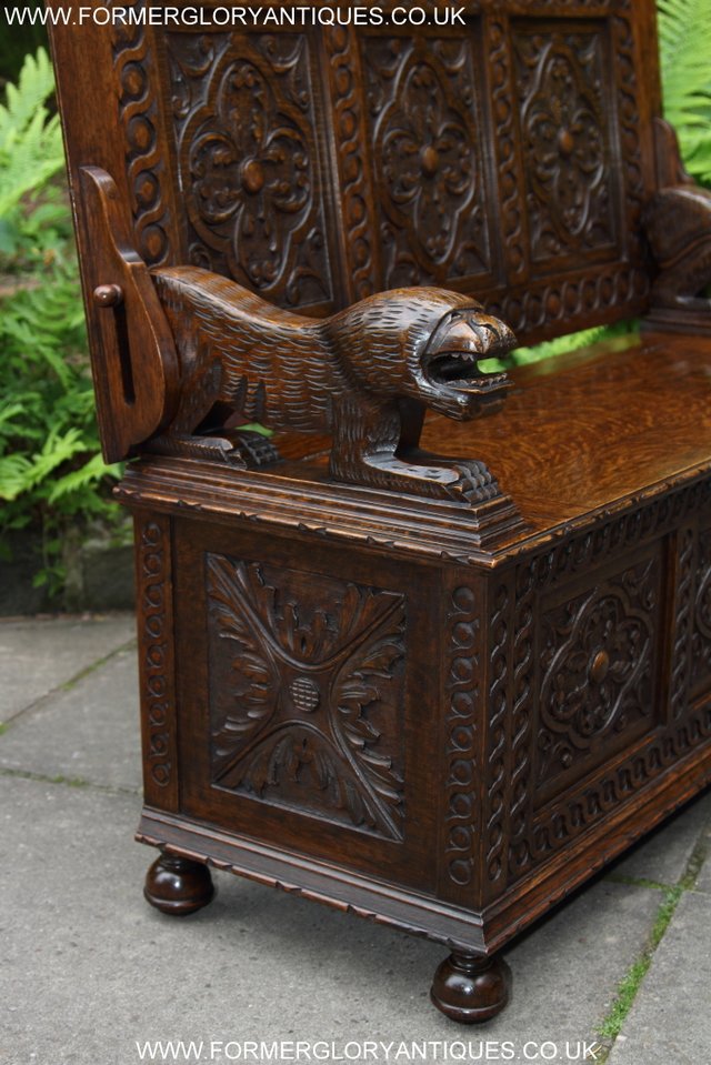 Image 53 of CARVED OAK MONKS BENCH ARMCHAIR HALL SEAT PEW TABLE SETTLE