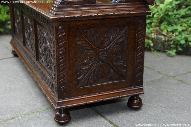 Image 56 of CARVED OAK MONKS BENCH ARMCHAIR HALL SEAT PEW TABLE SETTLE