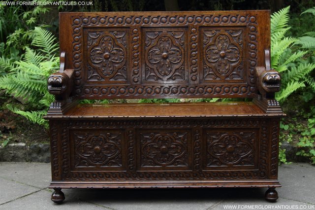 Image 60 of CARVED OAK MONKS BENCH ARMCHAIR HALL SEAT PEW TABLE SETTLE