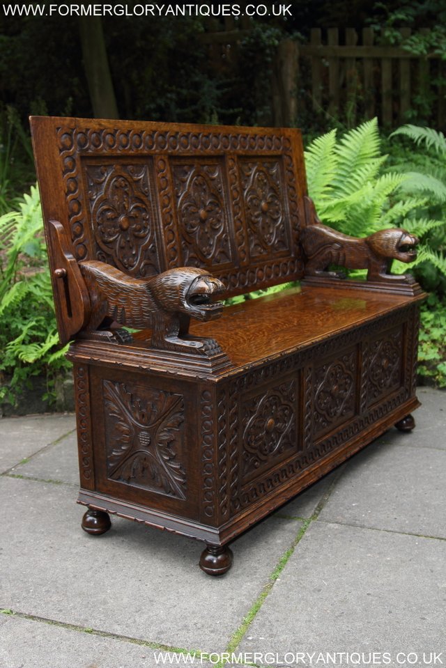 Image 62 of CARVED OAK MONKS BENCH ARMCHAIR HALL SEAT PEW TABLE SETTLE