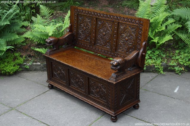 Image 64 of CARVED OAK MONKS BENCH ARMCHAIR HALL SEAT PEW TABLE SETTLE