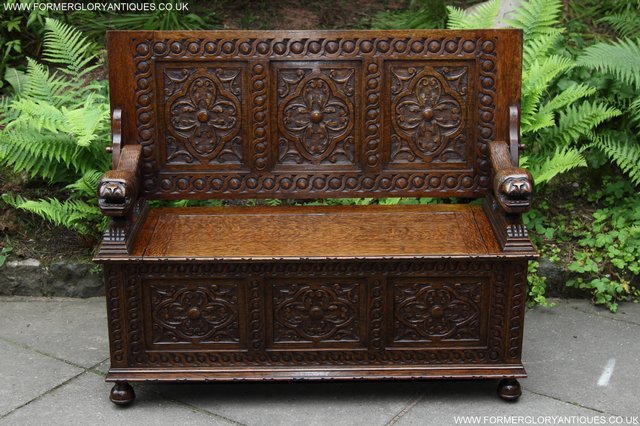 Image 65 of CARVED OAK MONKS BENCH ARMCHAIR HALL SEAT PEW TABLE SETTLE