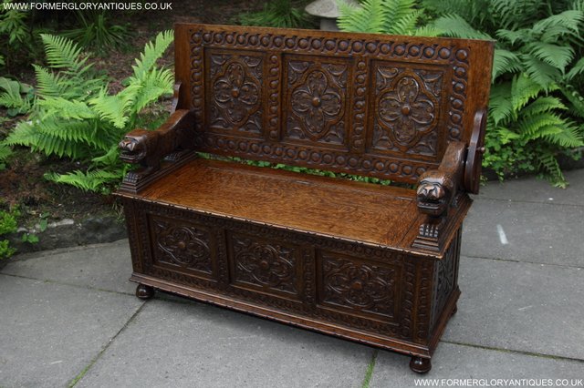 Image 69 of CARVED OAK MONKS BENCH ARMCHAIR HALL SEAT PEW TABLE SETTLE