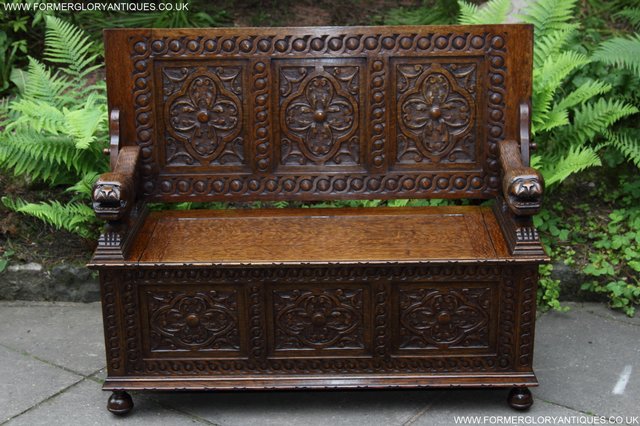 Image 70 of CARVED OAK MONKS BENCH ARMCHAIR HALL SEAT PEW TABLE SETTLE