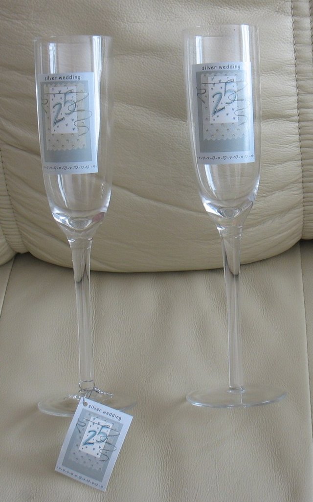 Preview of the first image of Brand New pair CHAMPAGNE FLUTES for 25th Silver Wedding.