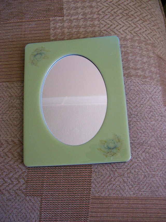 Preview of the first image of Rectangular Onxy-type colour Green Framed Oval mirror.