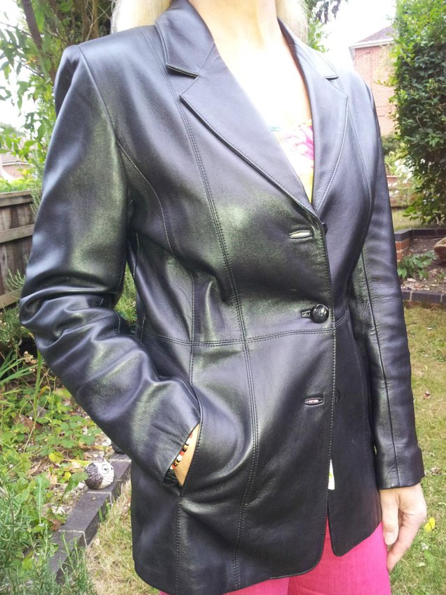 Preview of the first image of Ladies Black Leather Jacket - Size 12.