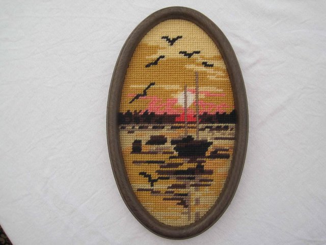 Image 2 of tapestry sewn picture of a boat at sunset in wool