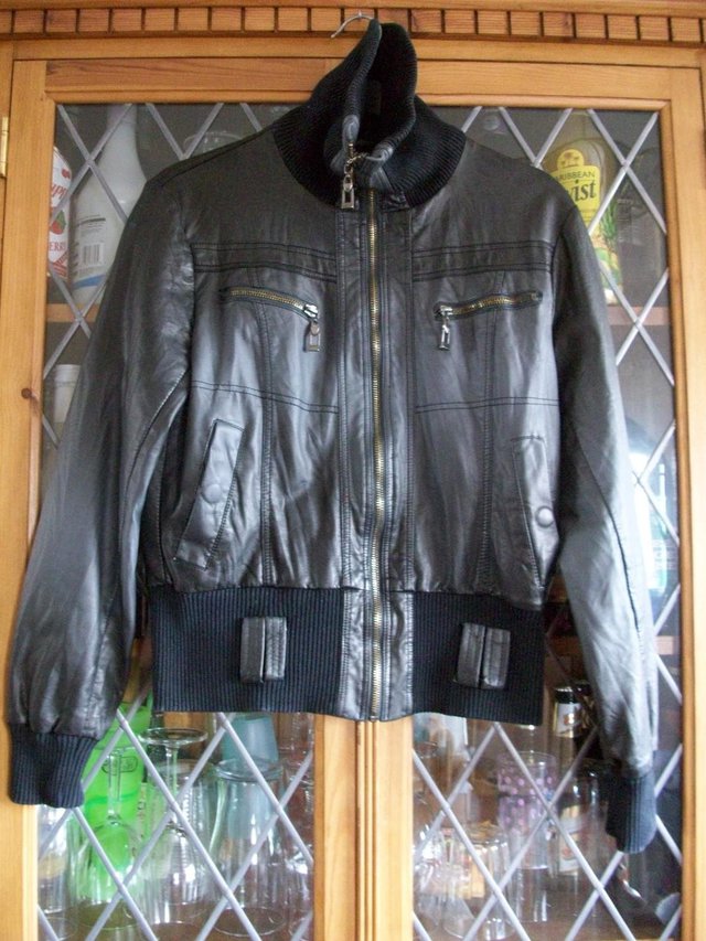 Preview of the first image of Beautiful BLACK PVC & RIB BOMBER JACKET UK8 **GC**.