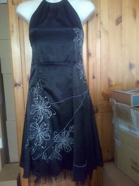Preview of the first image of Black Satin Halterneck with  Silver Embroidery - UK 8-10.