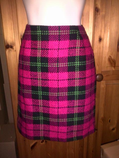 Preview of the first image of Pink, Green & Black Tartan Wool Skirt UK12.
