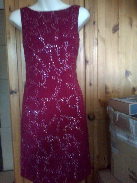 Image 2 of Gorgeous Deep Red NEXT Sequinned Cocktail Shift Dress UK 10