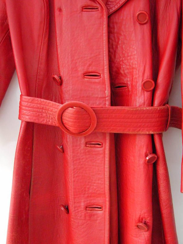 Preview of the first image of Vintage Red Leather Belted Coat Dannimac size 8 or small 10.