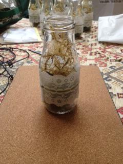 Preview of the first image of milk bottle vases with lace trim.