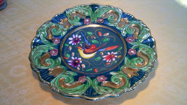 Preview of the first image of H. Bequet Quaregnon Majolica Humming Bird Wall Plaque.