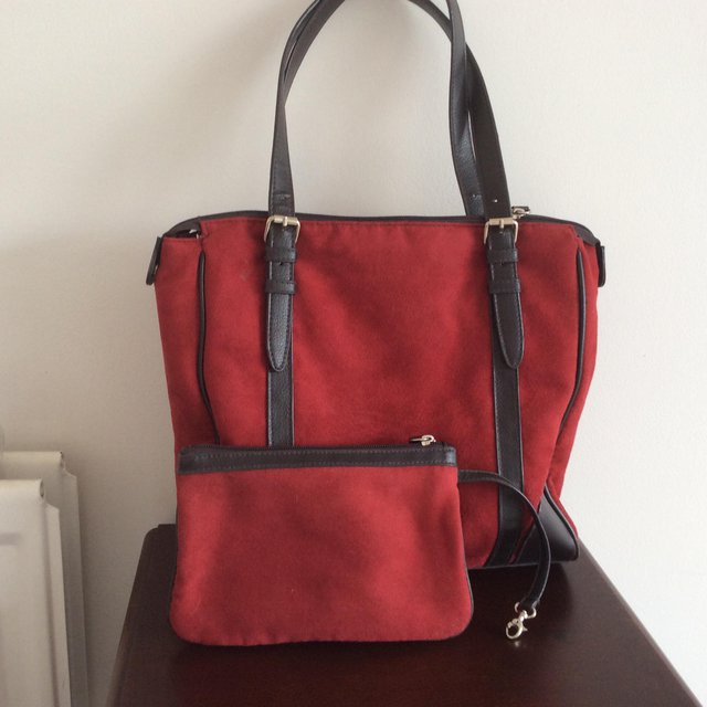 Preview of the first image of Red Suede bag with matching small bag.