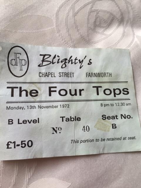Preview of the first image of The Four Tops Ticket Blighty's, Chapel Street, Farnworth.