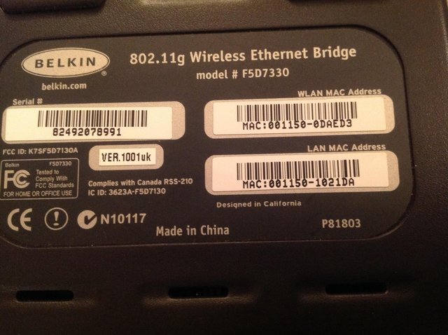 Image 2 of Belkin Wireless Ethernet Bridge model F5D7330