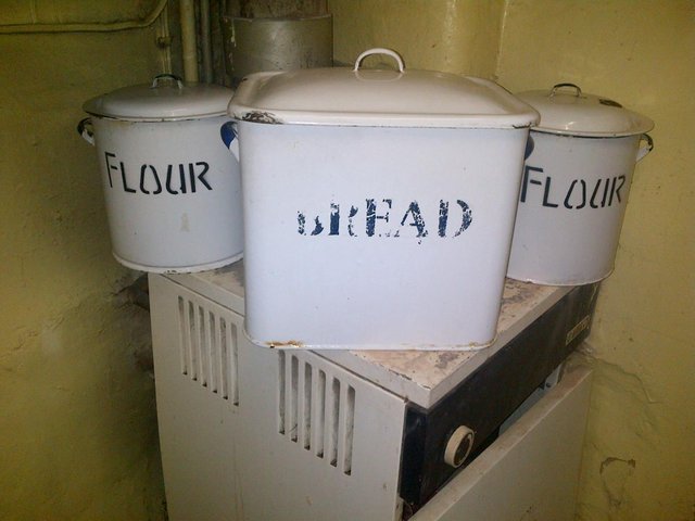 Image 6 of Enamel, Vintage 'Flour' Containers and Twin Handle Breadbin