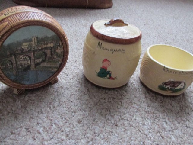 Preview of the first image of MANOR WARE COLLECTION MONEY BOX & 2 PRESERVE POTS KNARESBORO.