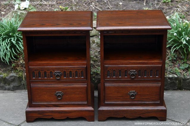Image 5 of PAIR OF OLD CHARM OAK BEDSIDE CABINETS LAMP TABLE DRAWERS