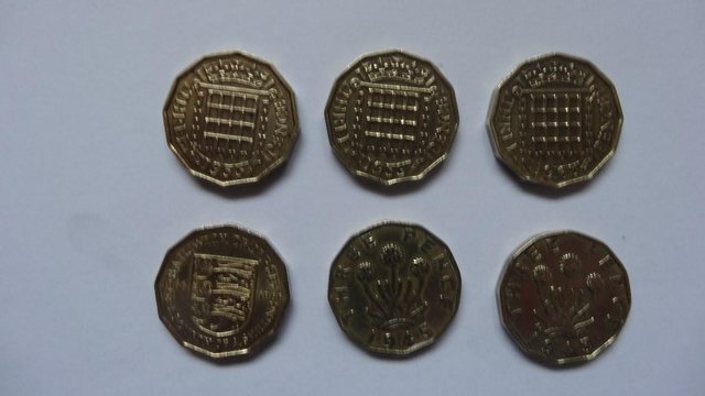 Image 2 of British Three Penny Pieces.