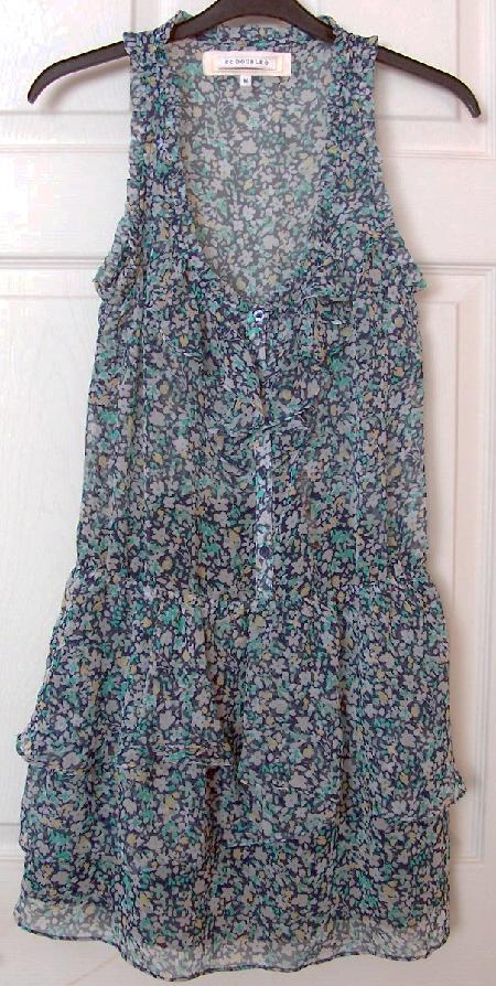 Preview of the first image of Ladies Navy/Turquoise Flowered Frilly Top/dress Sz M. B19.