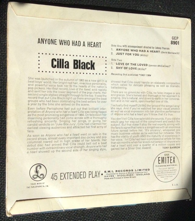 Image 2 of CILLA BLACK  UK  7''  EP  ANYONE WHO HAD A HEART