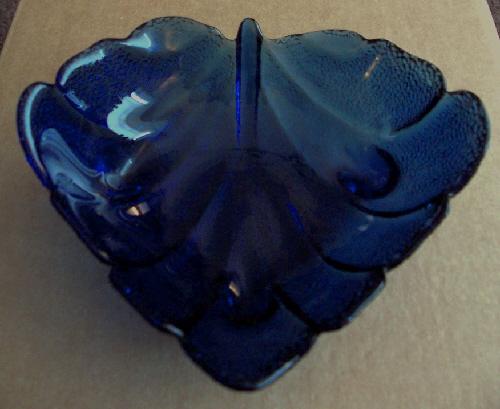 Preview of the first image of Pretty Vintage Cobalt Blue Leaf Design Glass Dish.   BX5.