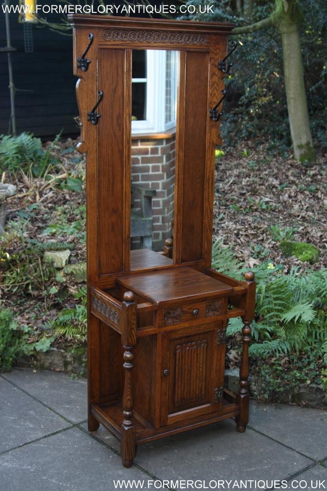 Image 3 of AN OLD CHARM JAYCEE LIGHT OAK HALL COAT STICK STAND CABINET