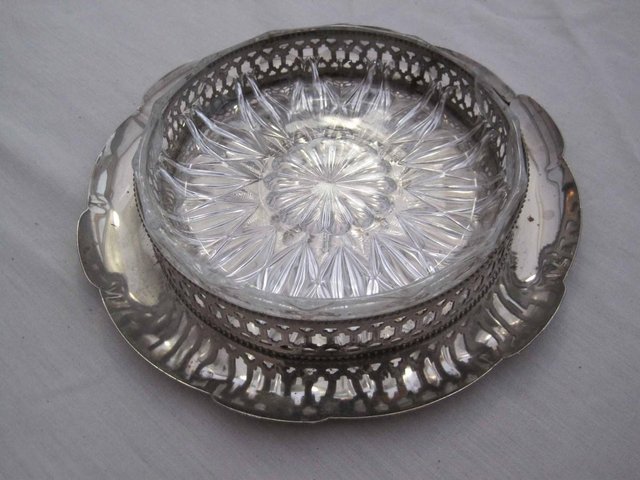 Preview of the first image of 1970 - 50s SILVER ? TRAY with Cut glass bowl.