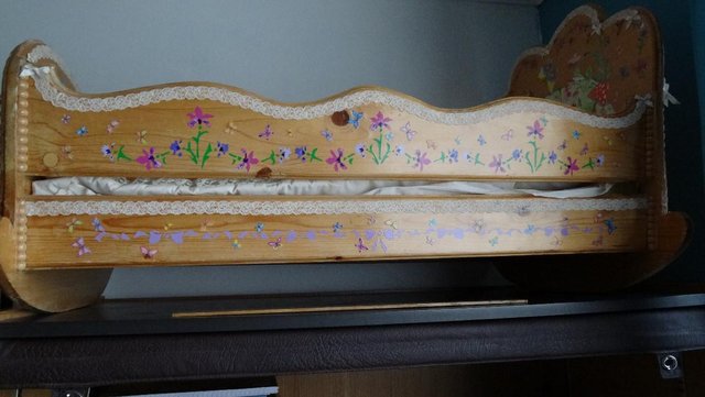 Image 5 of Handcrafted Pine Crib with Victorian craft decoration.