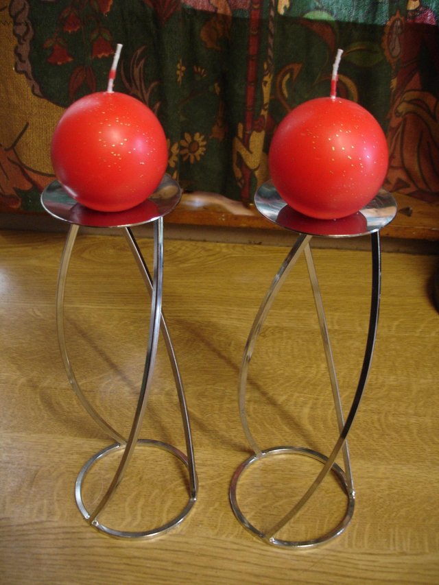 Preview of the first image of ATTRACTIVE PAIR OF STYLISH MODERN METAL CANDLESTICKS.