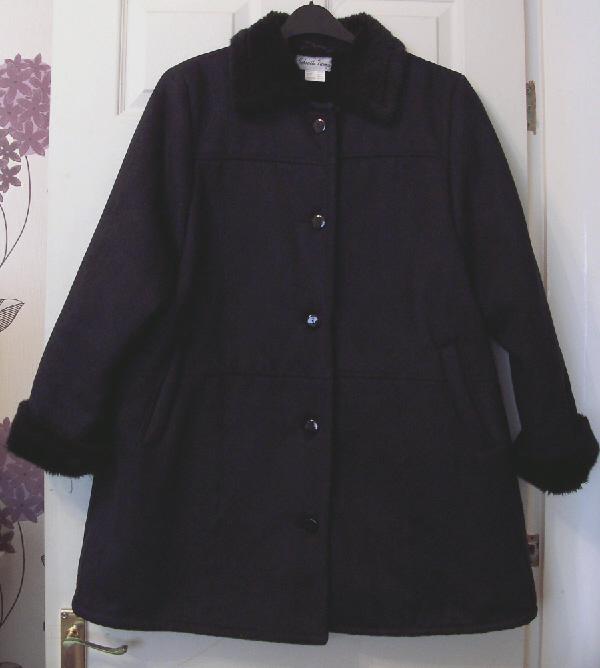 Preview of the first image of Ladies Black Faux Suede Fur Lined Coat - Sz 20/22   B16.