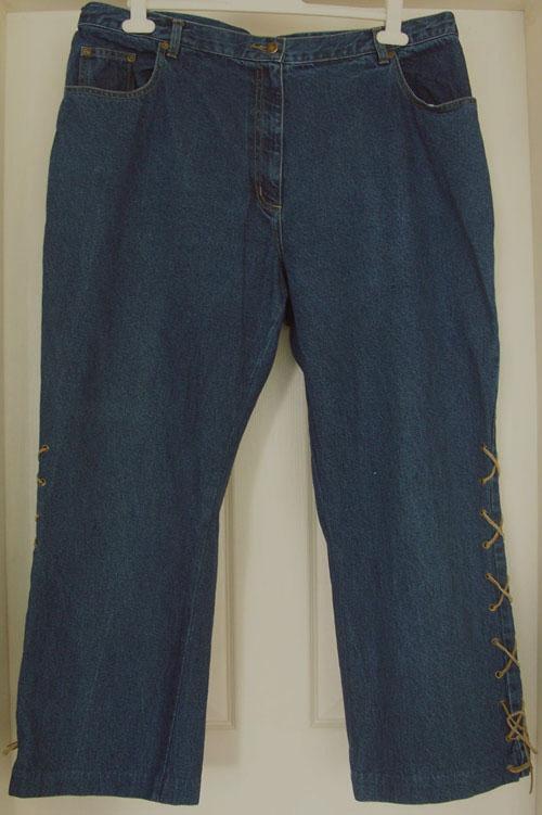 Preview of the first image of LADIES DENIM JEANS WITH LACE UP DETAIL TO THE LEGS - SZ 22.