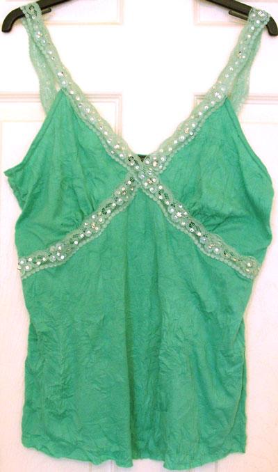 Preview of the first image of RIVER ISLAND GREEN CRINKLE LOOK TOP WITH BEAD DETAIL - SZ 16.