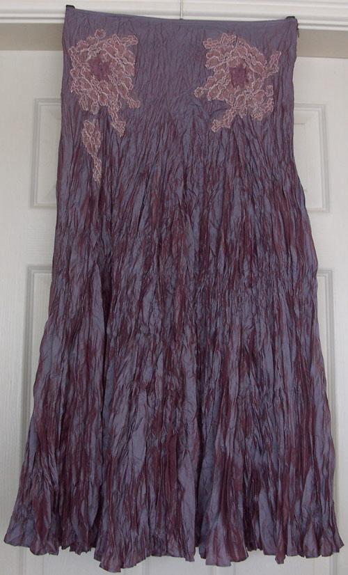 Preview of the first image of LOVELY LADIES LONG AUBERGINE CRINKLE LOOK SKIRT - SZ 10.