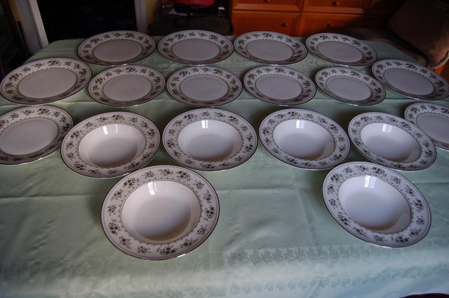 Preview of the first image of Royal Doulton Valleygreen Bone China Plates, Cups, Sauceboat.