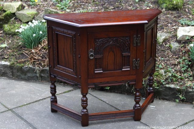 Image 2 of AN OLD CHARM TUDOR OAK CANTED CABINET PHONE TABLE SIDEBOARD