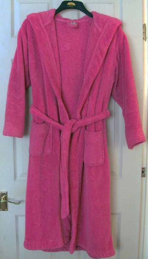 Preview of the first image of GORGEOUS NEON PINK HOODED DRESSING GOWN BY GEORGE - SZ S  B4.