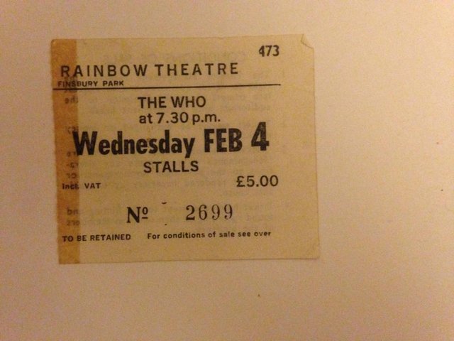 Preview of the first image of Original Ticket Stub The Who Rainbow Theatre Finsbury Park.
