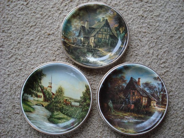Preview of the first image of 3 x EDWARDIAN CHINA DECORATIVE PLATES WITH RURAL SCENES.
