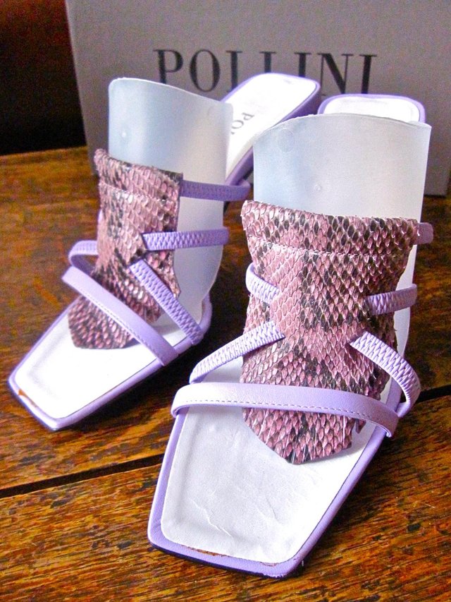 Preview of the first image of 'POLLINI' Lilac Snakeskin Stiletto Mules BNIB!.