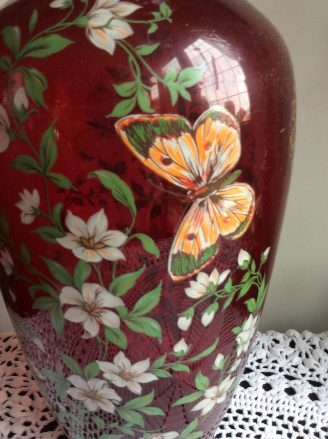 Preview of the first image of Beautiful Red vintage tall painted vase.