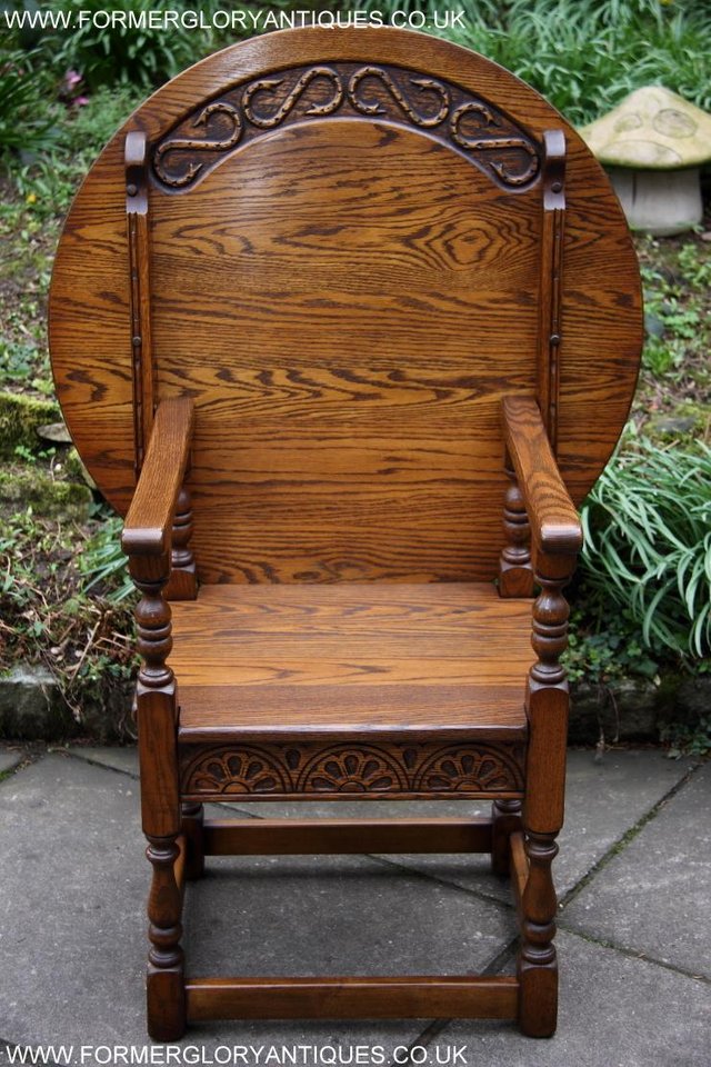 Image 13 of OLD CHARM LIGHT OAK MONKS SEAT BENCH SETTLE ARMCHAIR TABLE