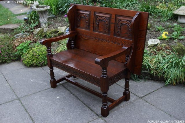 Image 2 of OLD CHARM TUDOR OAK MONKS BENCH SETTLE ARMCHAIR TABLE STAND