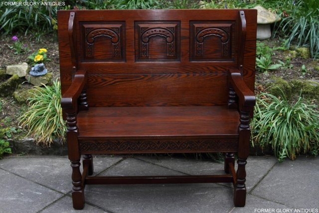 Preview of the first image of OLD CHARM TUDOR OAK MONKS BENCH SETTLE ARMCHAIR TABLE STAND.