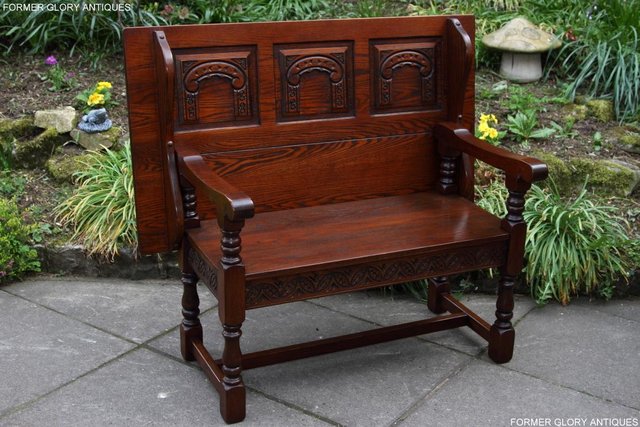 Image 3 of OLD CHARM TUDOR OAK MONKS BENCH SETTLE ARMCHAIR TABLE STAND